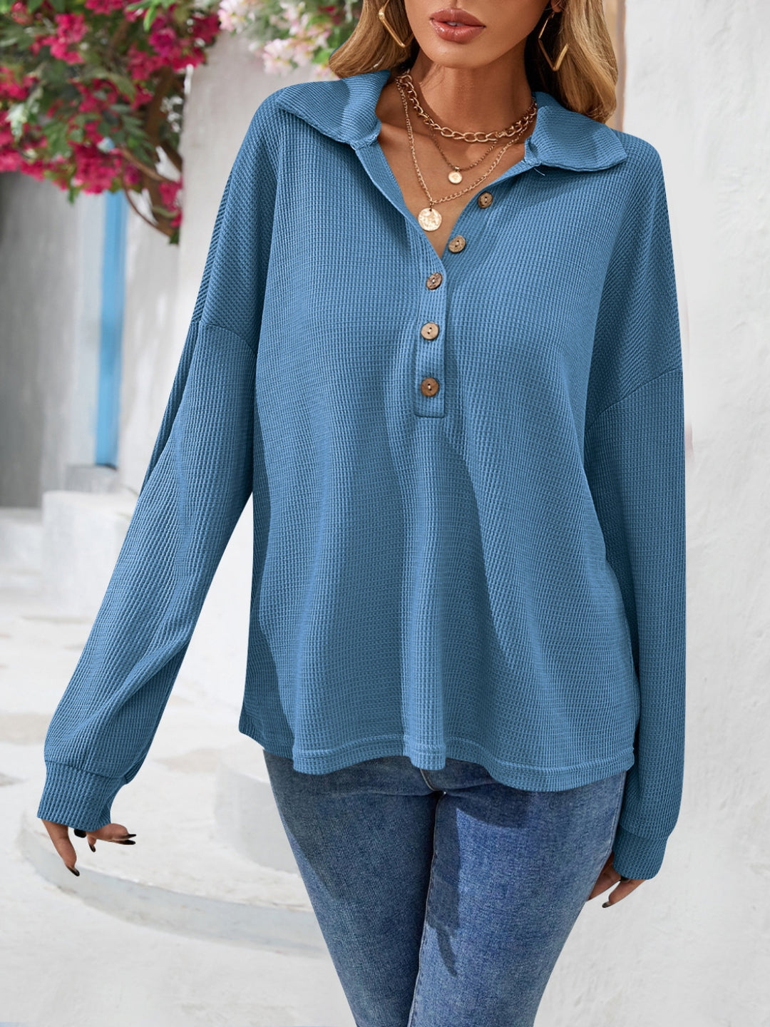 Waffle knit half-button collared long sleeve top
