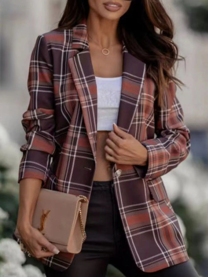Dark Brown Plaid notch lapel blazer with flap pockets