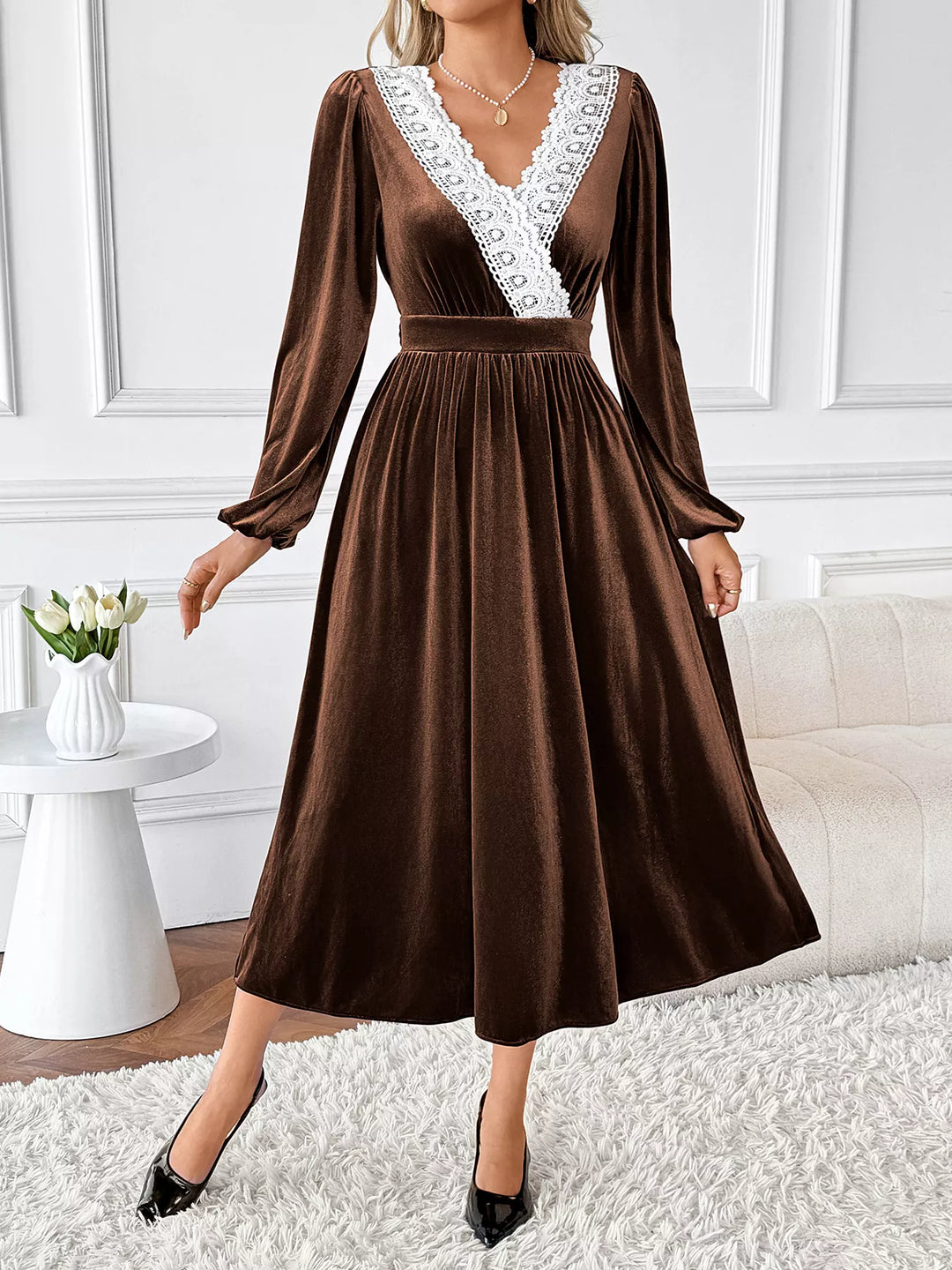 Brown Lace trim velvet midi dress with long puff sleeves