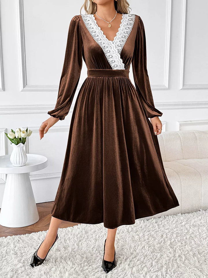 Brown Lace trim velvet midi dress with long puff sleeves