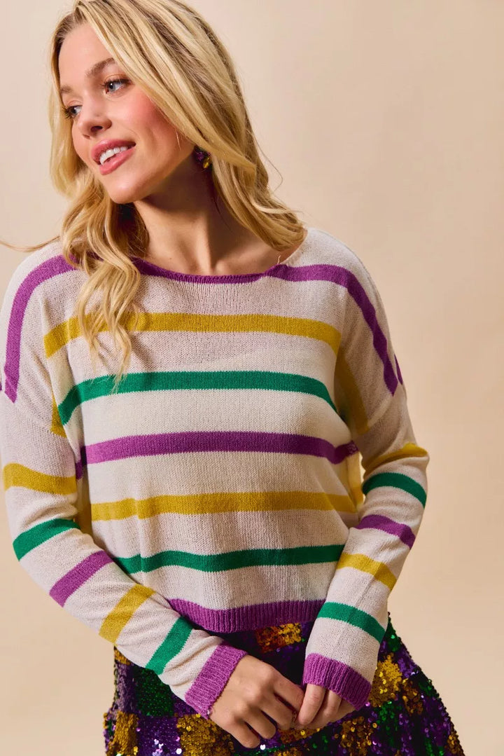Color stripe lightweight knit sweater with boat neck