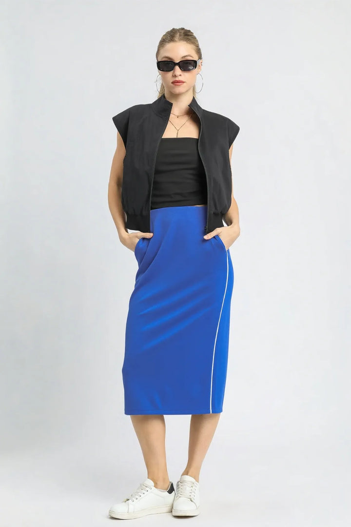 High-waist midi pencil skirt with contrast piping and side pockets