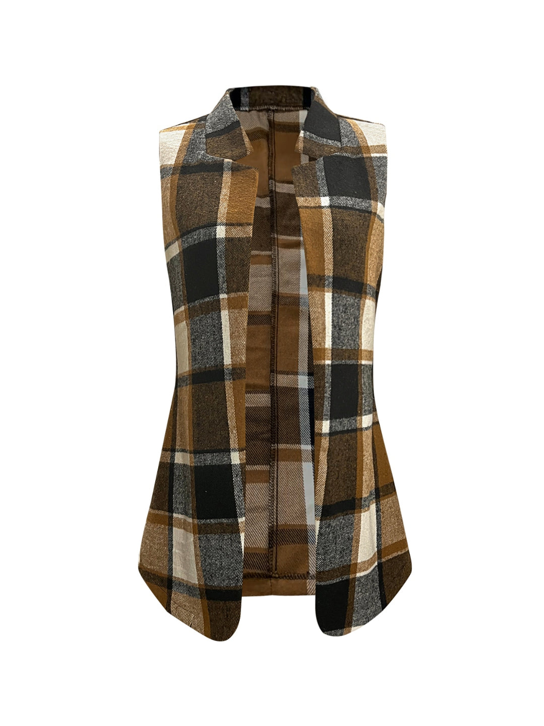 Plaid open front longline vest with collared neck