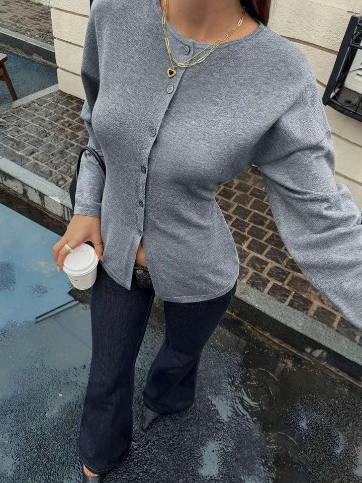 Button-front dropped shoulder knit cardigan with crew neck