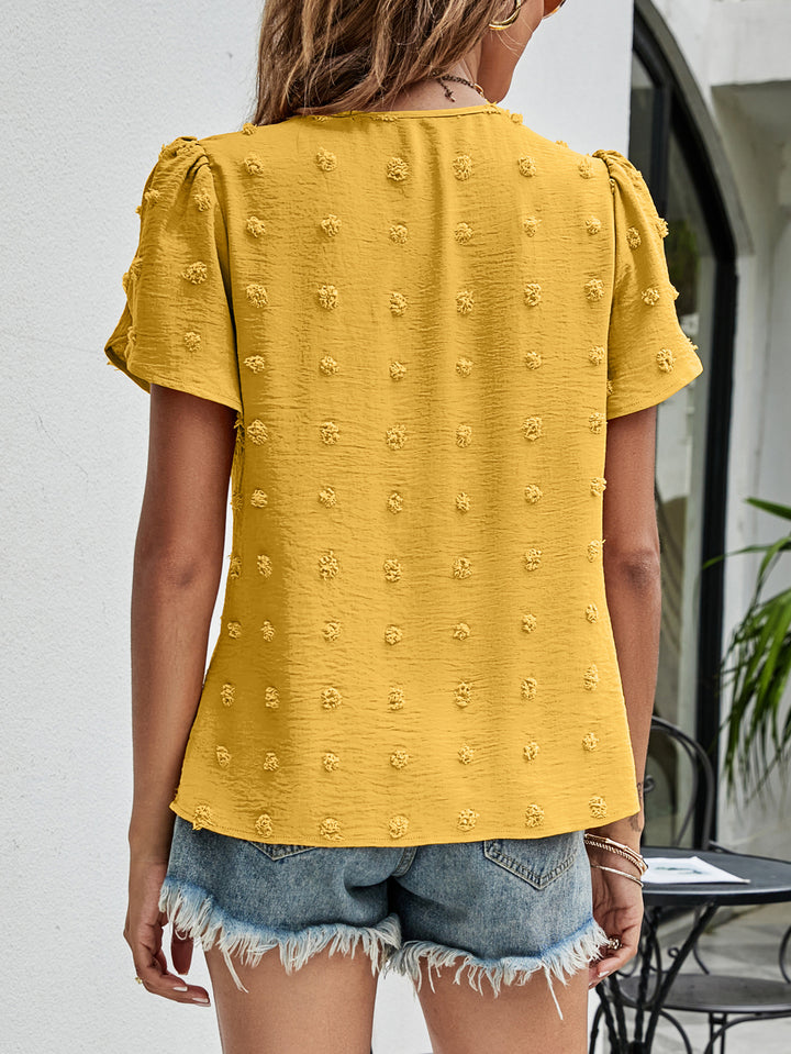 Swiss dot petal sleeve top with pleated round neck