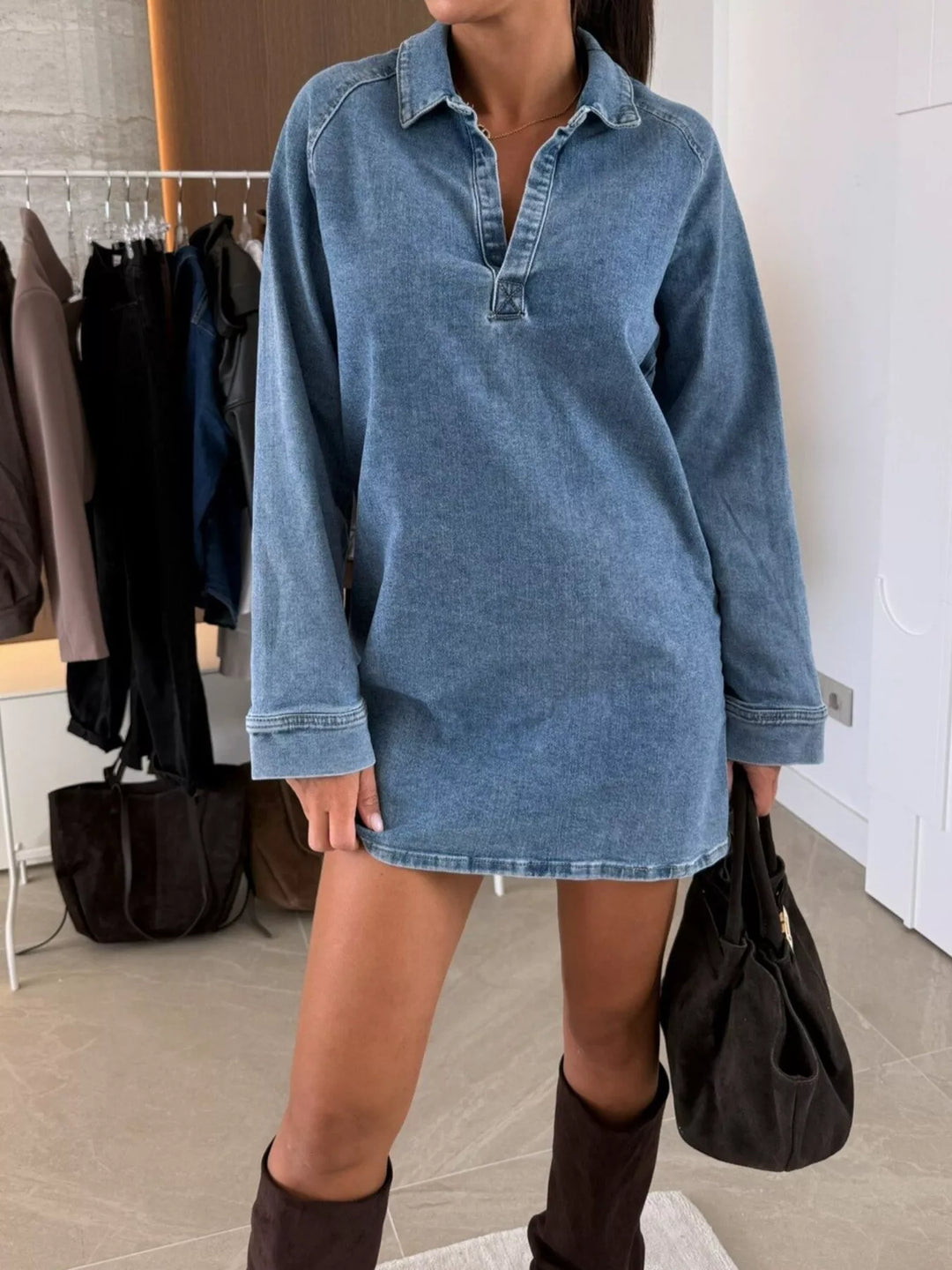 Relaxed collared long sleeve denim mini dress