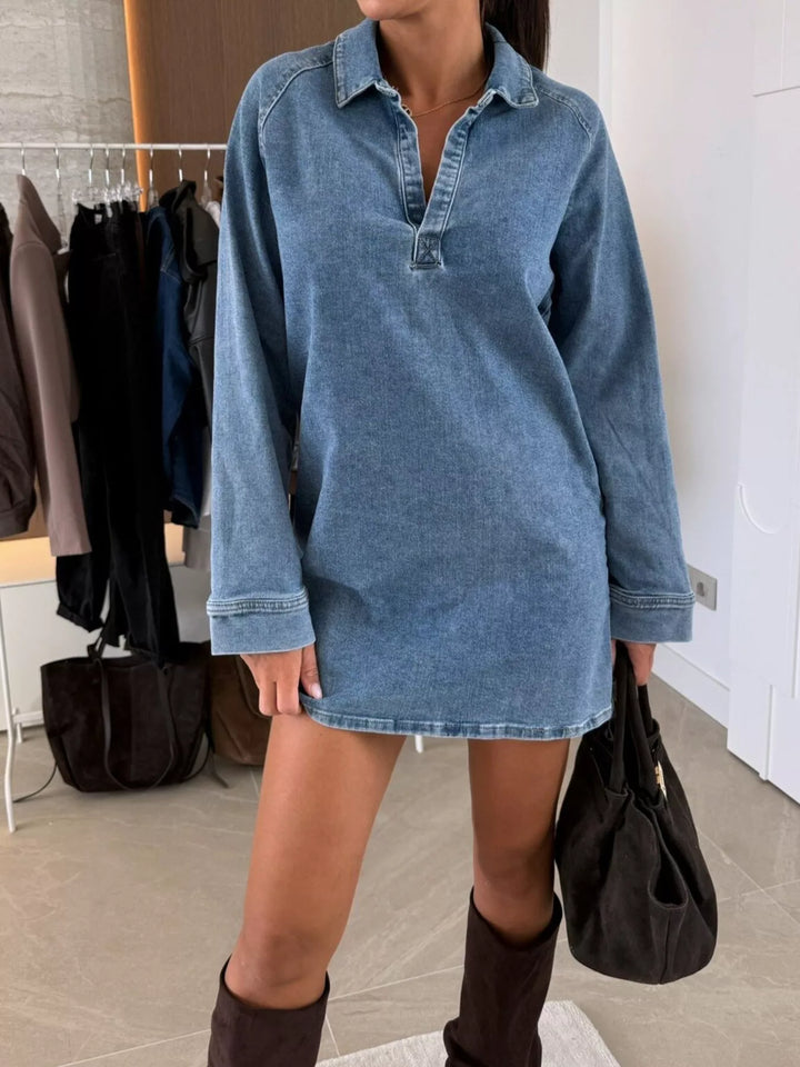 Relaxed collared long sleeve denim mini dress