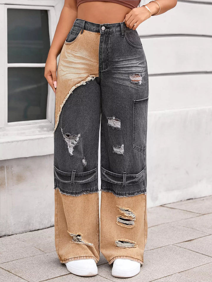 Black Distressed two-tone wide-leg jeans with raw-edge panels