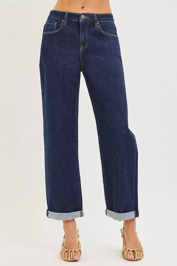 SOLID DARK Slouchy cropped boyfriend jeans with cuffed hem
