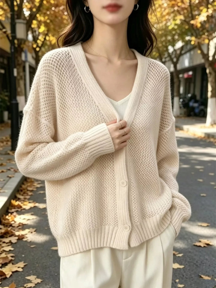 Open-knit V-neck button-front cardigan with ribbed trim