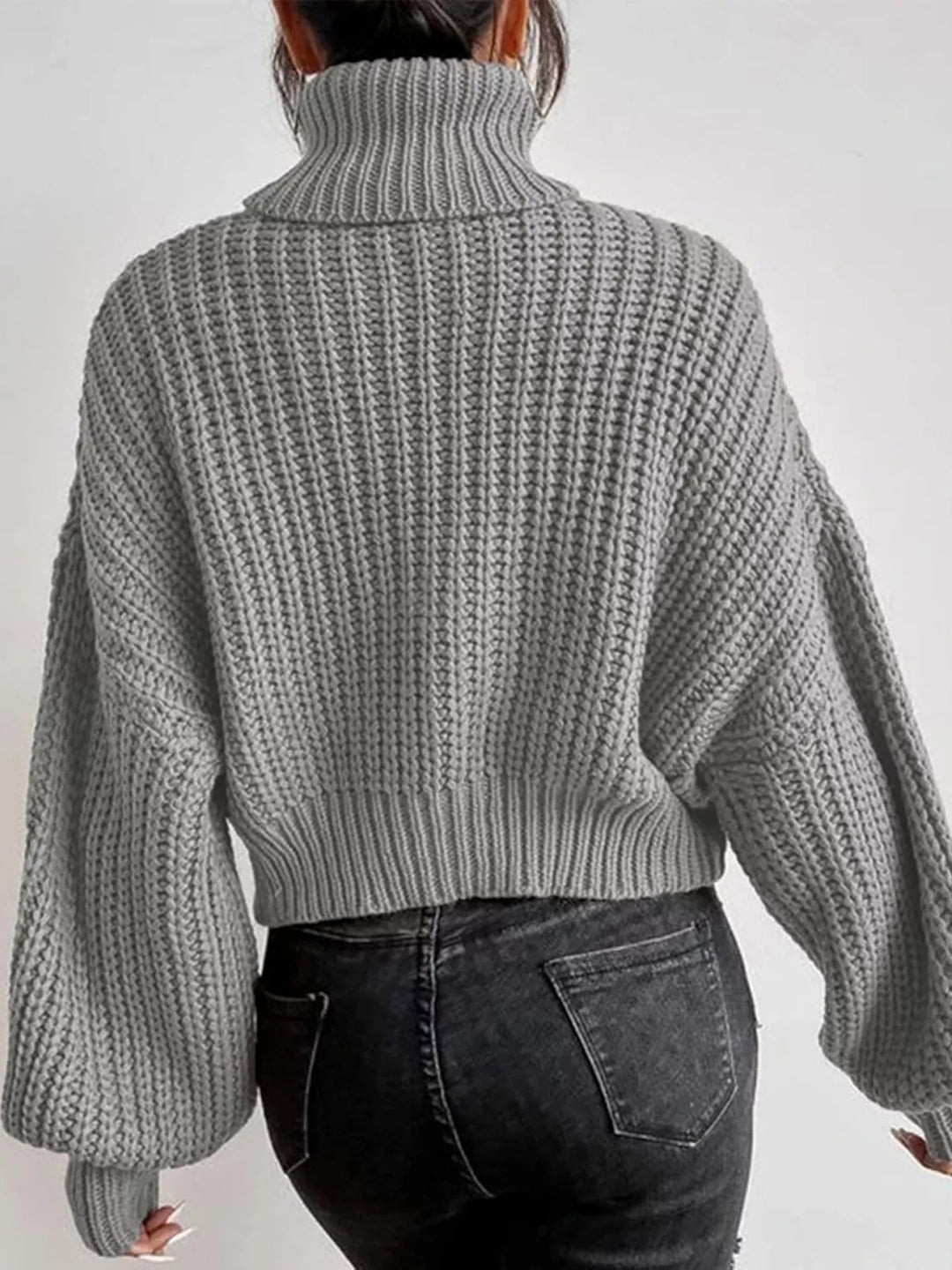 Chunky waffle knit turtleneck sweater with balloon sleeves