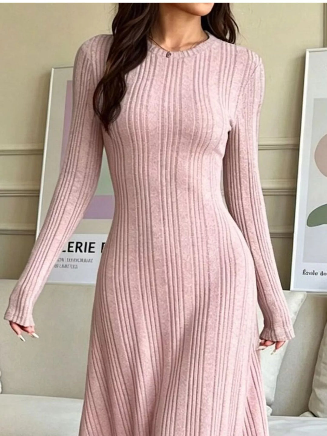 Ribbed knit long sleeve maxi dress with flared skirt