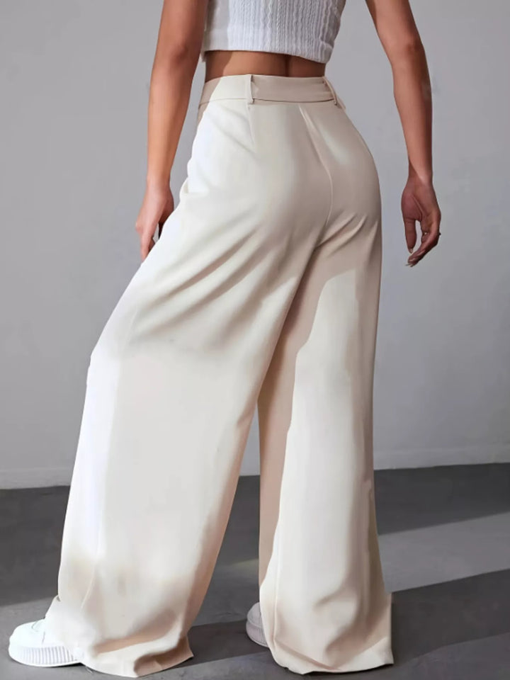 High-rise wide-leg pleated pants with button waist