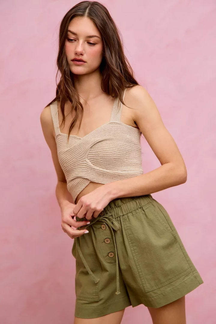 Paper bag waist twill shorts with button front and patch pockets