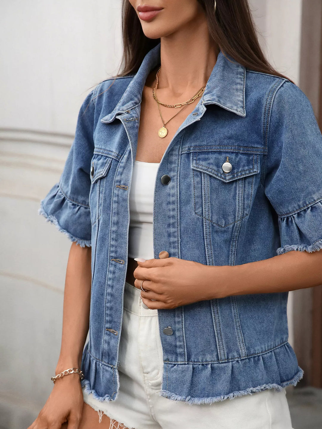 Ruffled raw-hem short-sleeve denim jacket