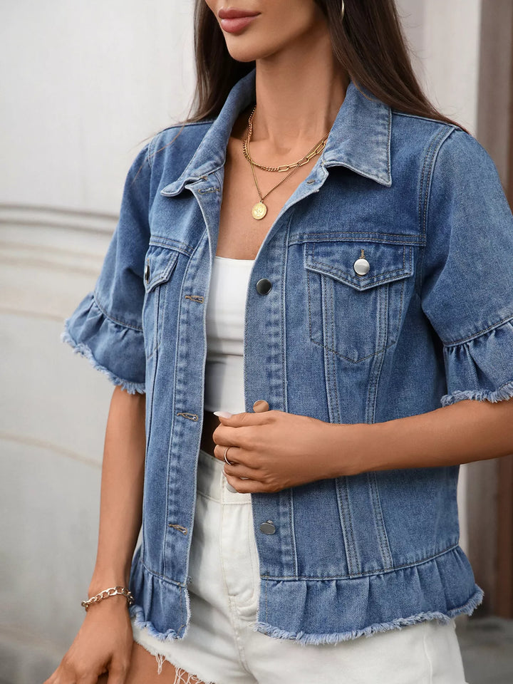 Ruffled raw-hem short-sleeve denim jacket