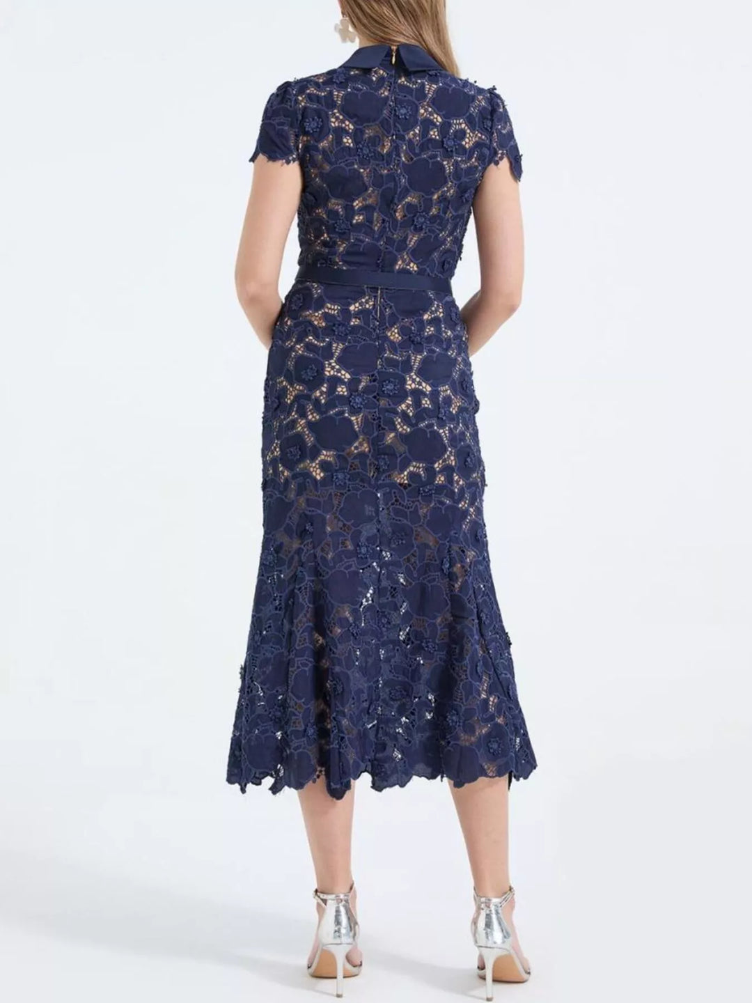 Floral lace midi dress with collar and belted waist