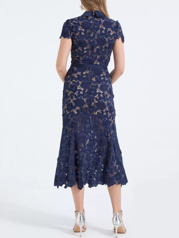 Floral lace midi dress with collar and belted waist
