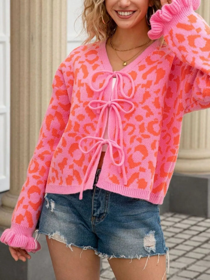 Rose Red Leopard knit tie-front cardigan with ruffle cuffs