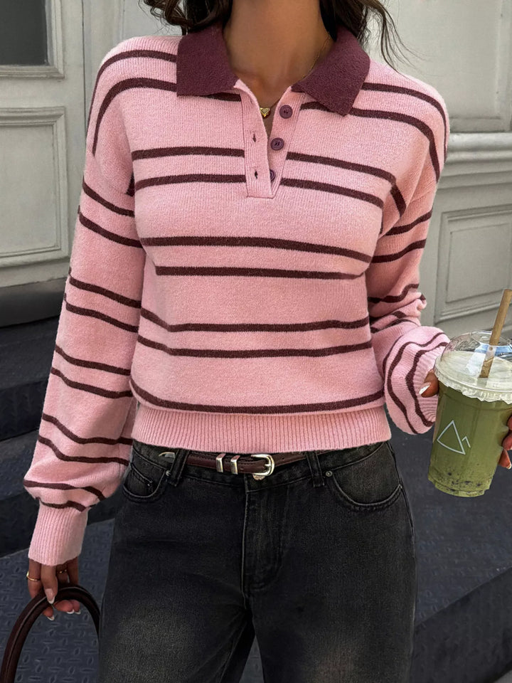 Striped polo collar sweater with dropped shoulders