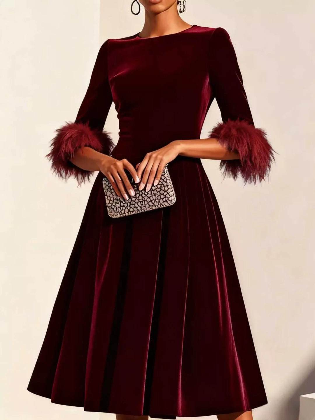 Wine Red Feather cuff velvet midi dress with full A-line skirt