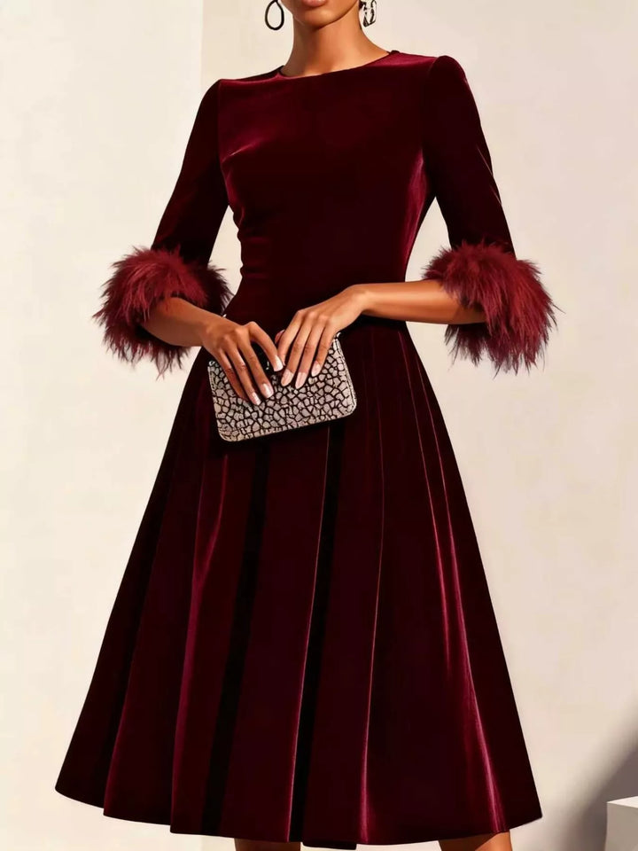 Wine Red Feather cuff velvet midi dress with full A-line skirt