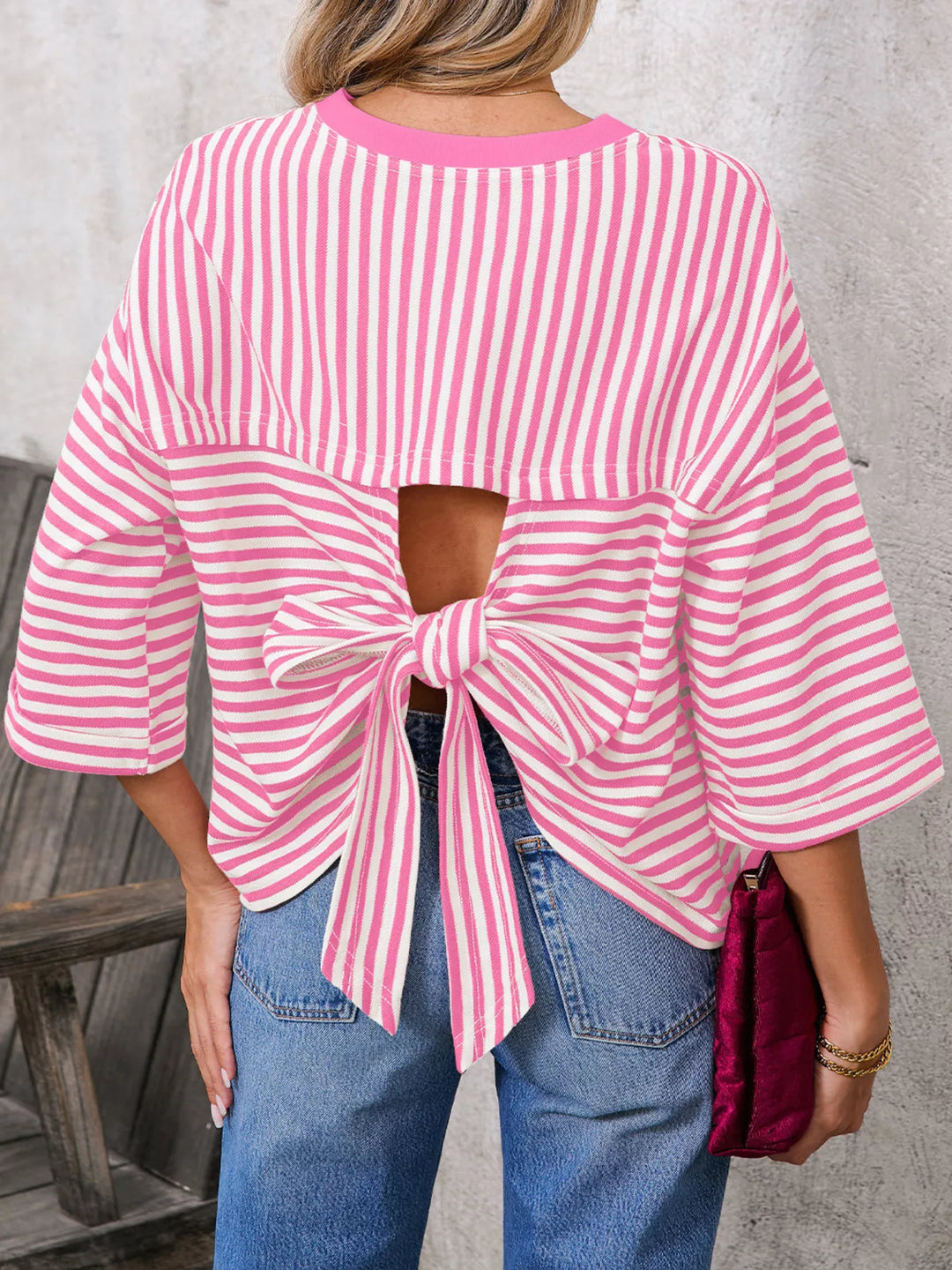 Pink Striped oversized tee with back bow tie and keyhole cutout