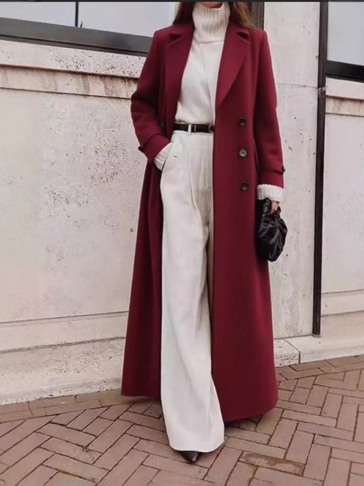 Burgundy Double-breasted longline coat with notched lapels