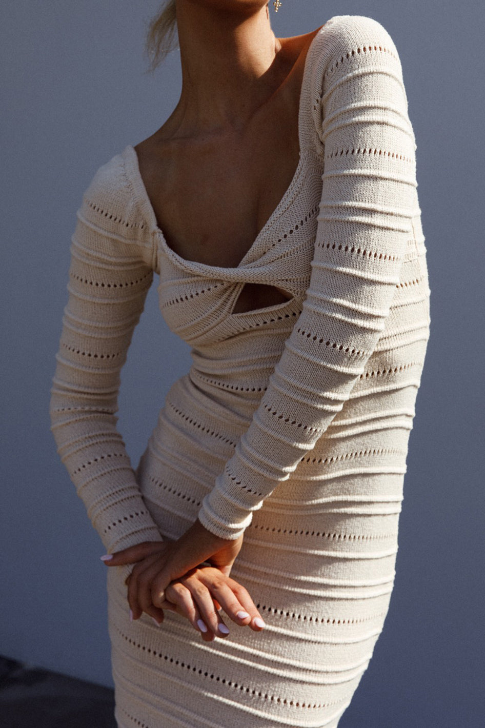 Crochet Knit Long Sleeved Midi Dress Not Lined - Azoroh
