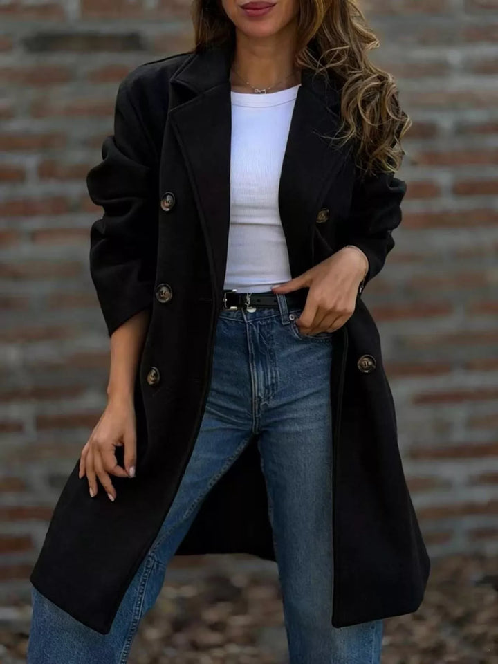 Black Double-breasted notch lapel longline coat with pockets