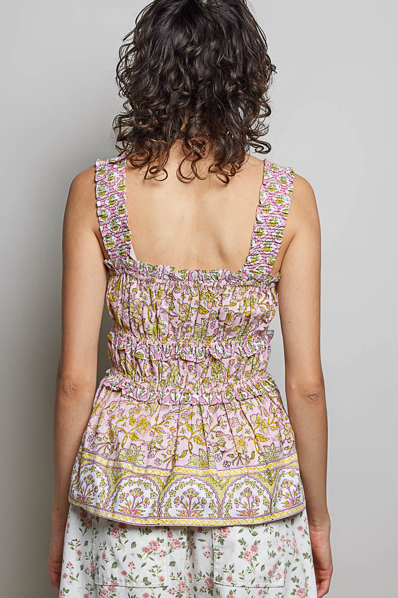 Smocked floral square-neck peplum tank with ruffle trim