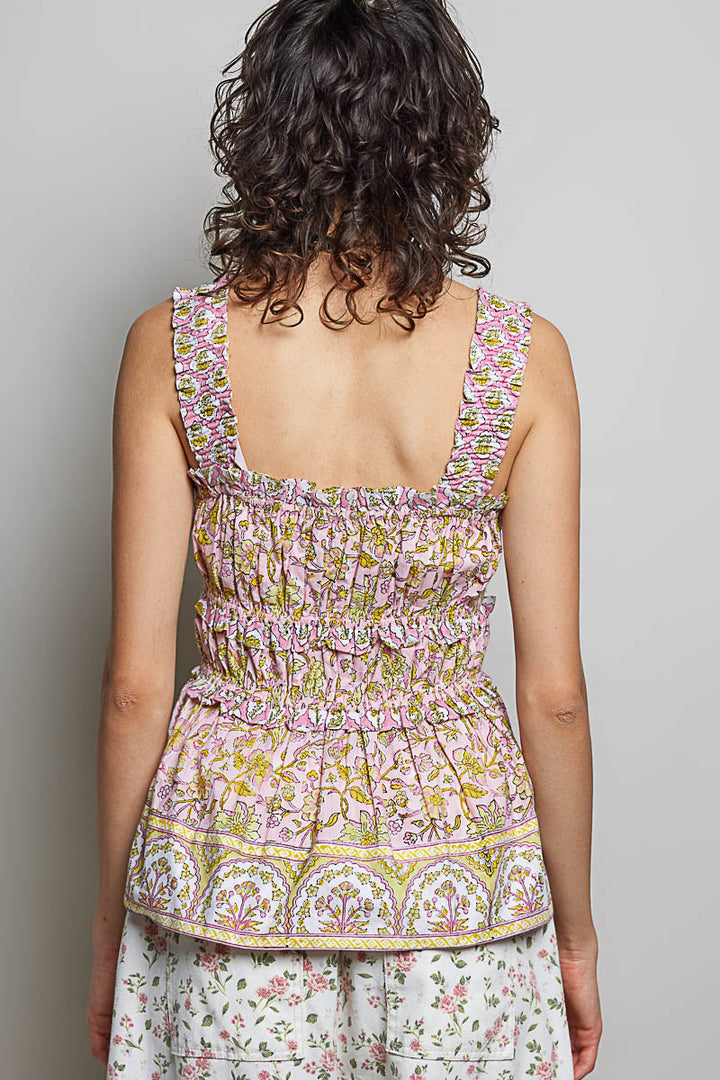 Smocked floral square-neck peplum tank with ruffle trim