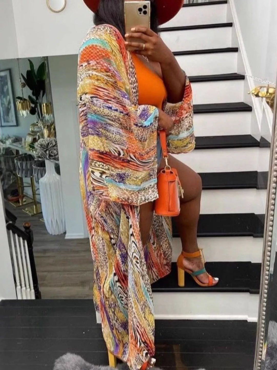 Boho print open-front maxi kimono cardigan