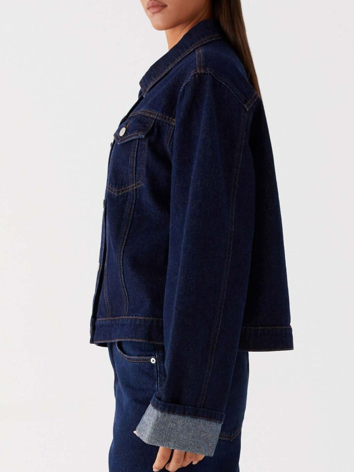 Oversized cropped denim jacket with chest flap pockets