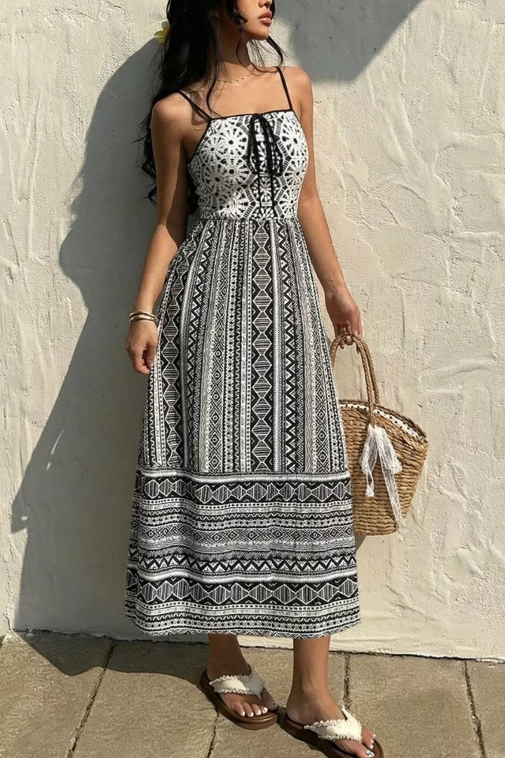 Black Geometric print tie-front square neck midi dress