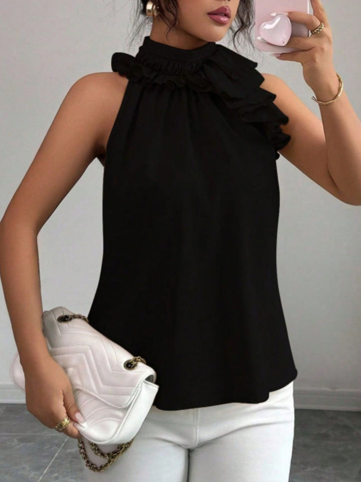 Flowy ruffle-trim high-neck sleeveless blouse