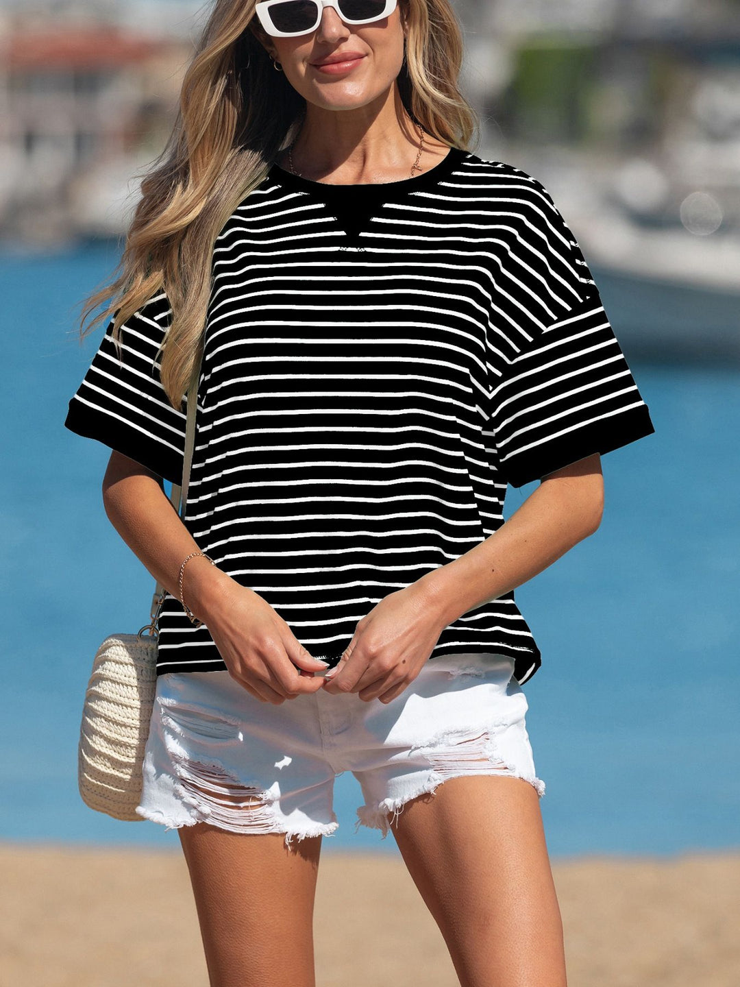 Striped ribbed patchwork half-sleeve crew neck tee