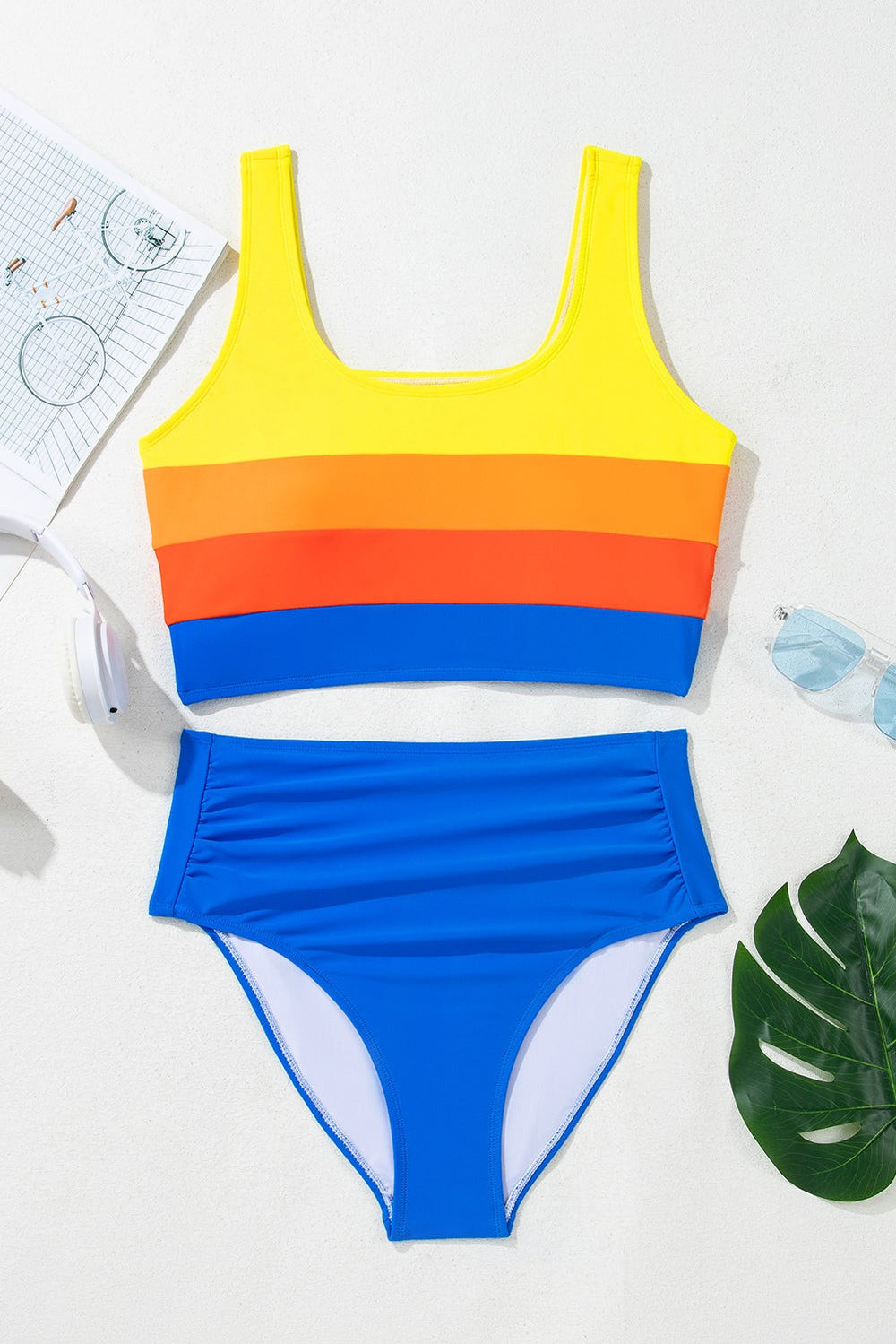 Colorblock square neck bikini top and high-waist ruched bottom
