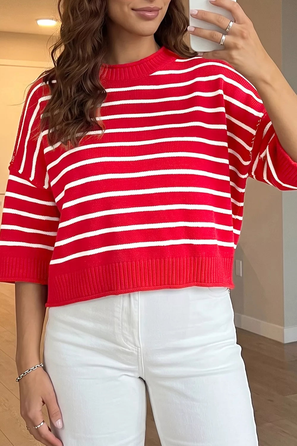 Scarlet Striped drop-shoulder half sleeve knit sweater