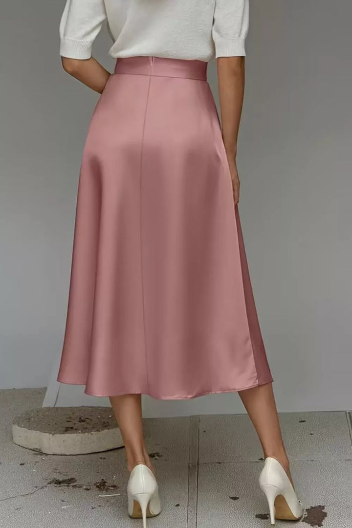 High-waist satin A-line midi skirt with pockets