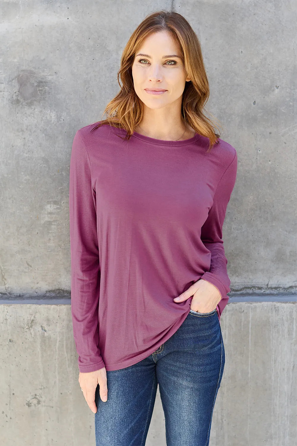 Mauve Crew neck long sleeve top with curved hem