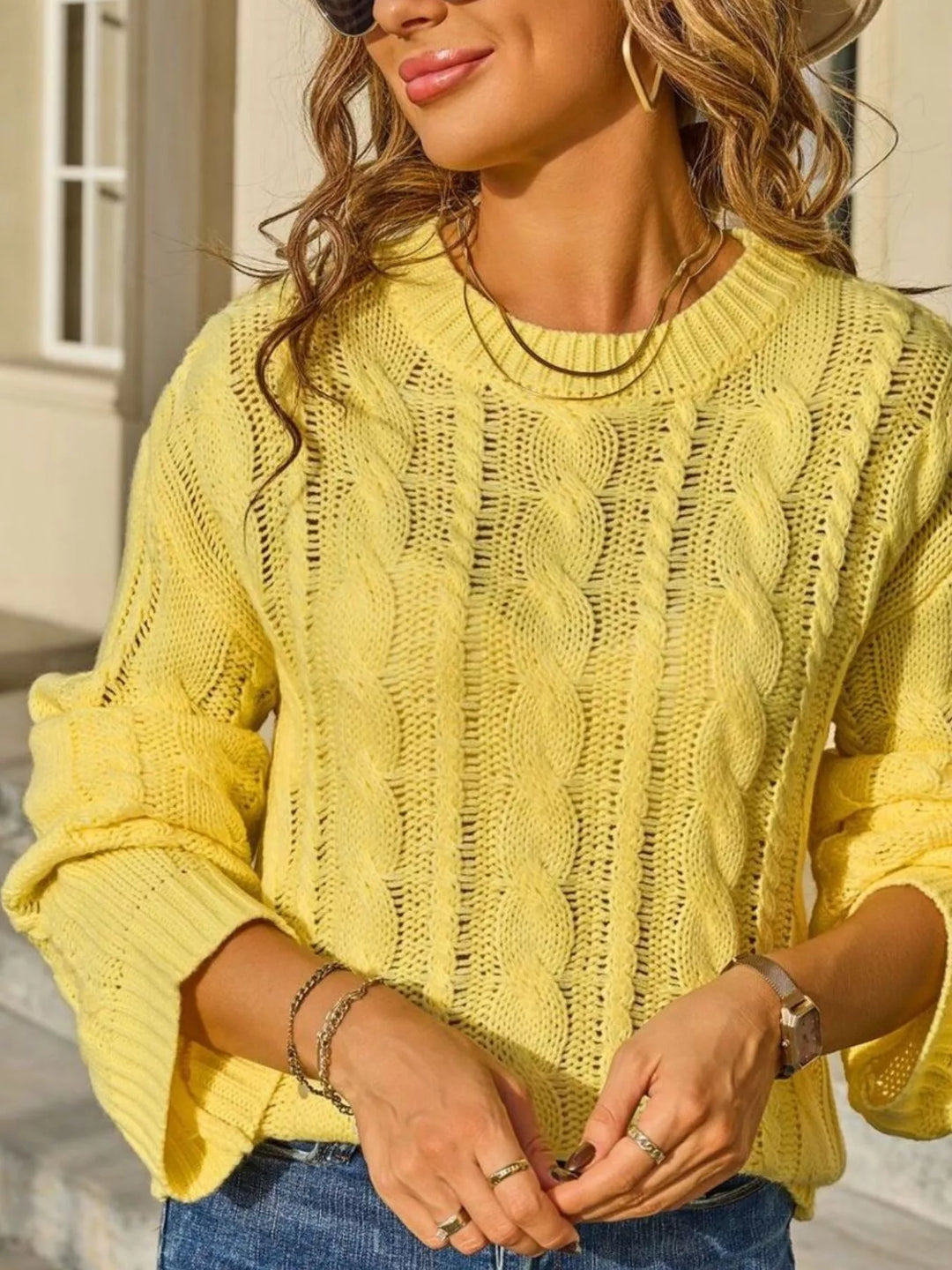 Yellow Openwork cable knit long sleeve crew neck sweater