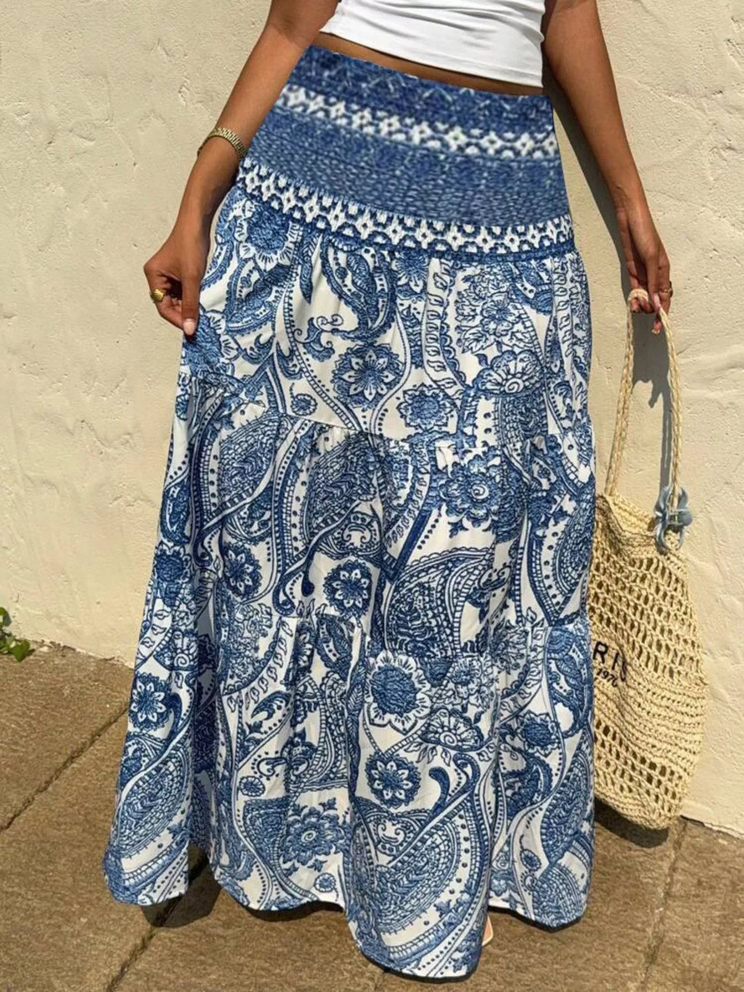Light Blue Boho paisley print high-waist maxi skirt