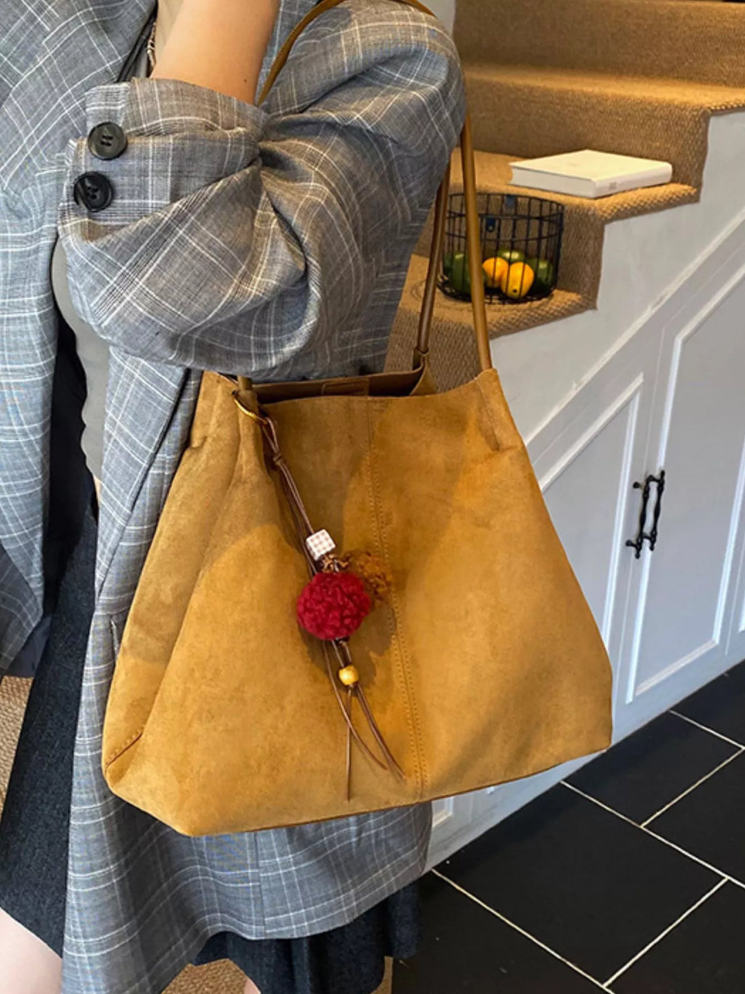 Tan Large slouchy suede shoulder tote bag with pom charm