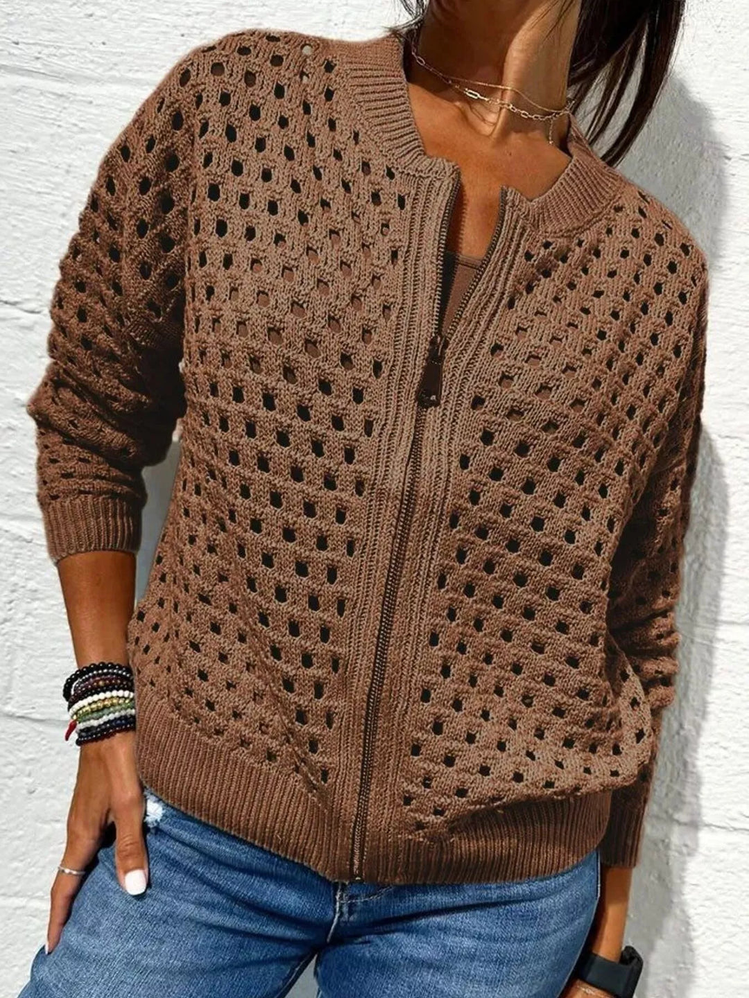 Dark Brown Open-knit zip-up bomber cardigan with ribbed trim