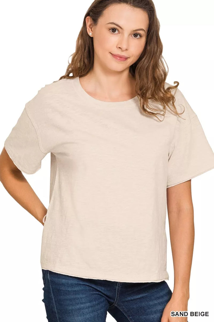SAND BEIGE Slub knit short sleeve crew neck tee with raw hem