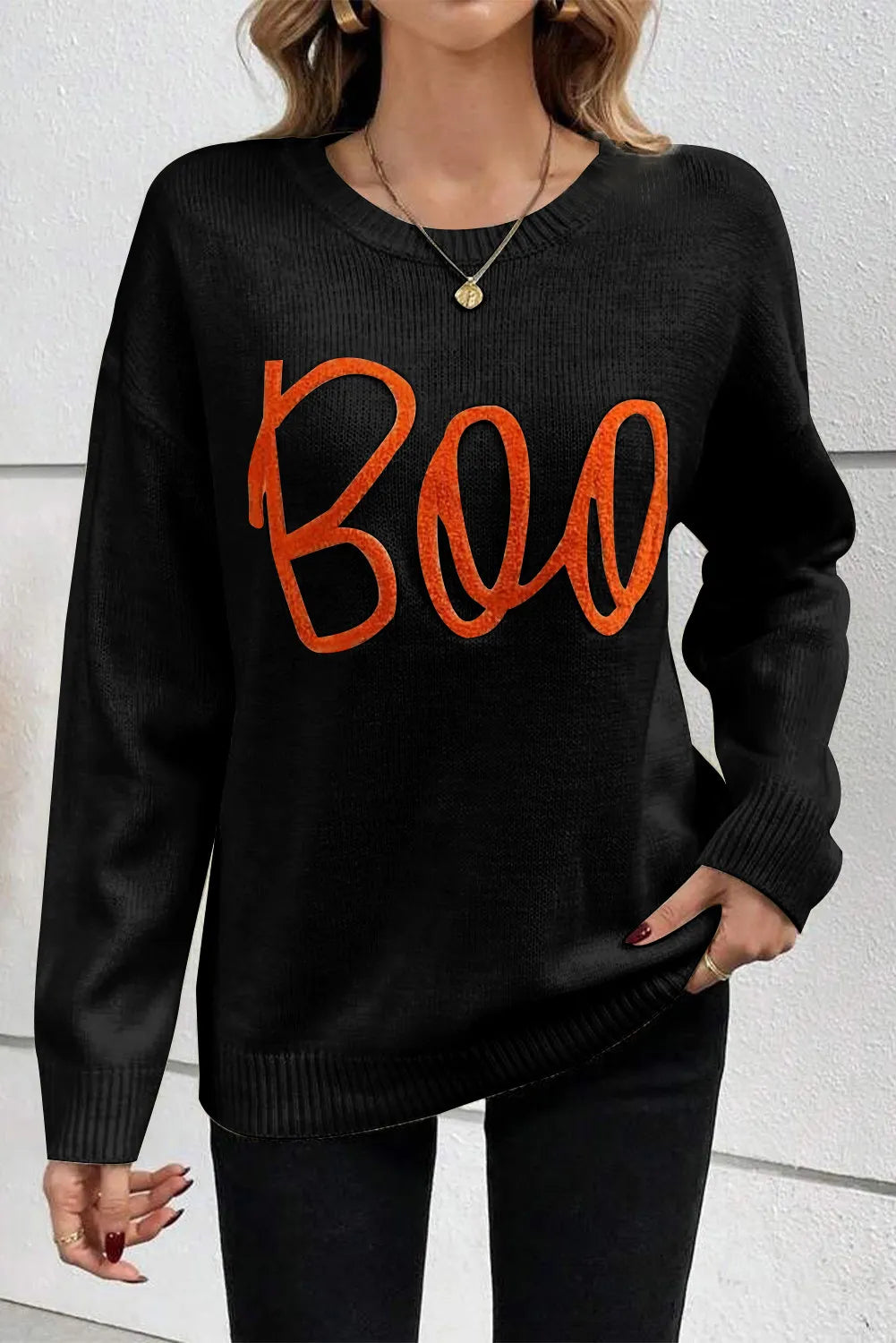 Black Boo embroidered script crew neck Halloween sweater