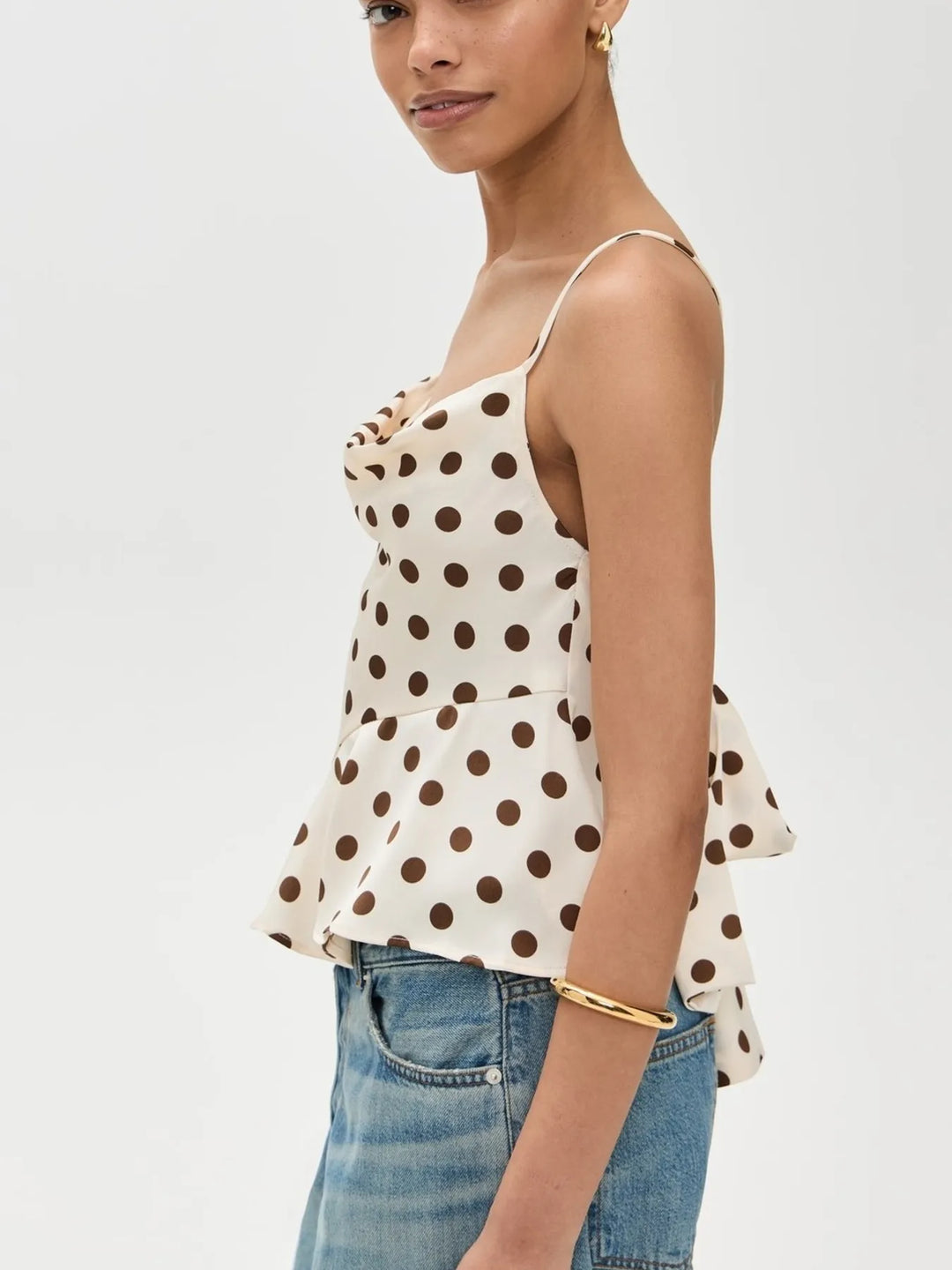 Polka dot satin cowl neck cami with crisscross back tie