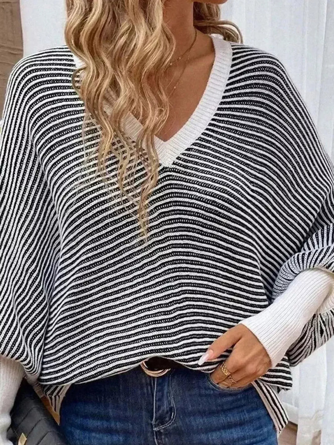 Striped ribbed knit batwing sleeve V-neck sweater