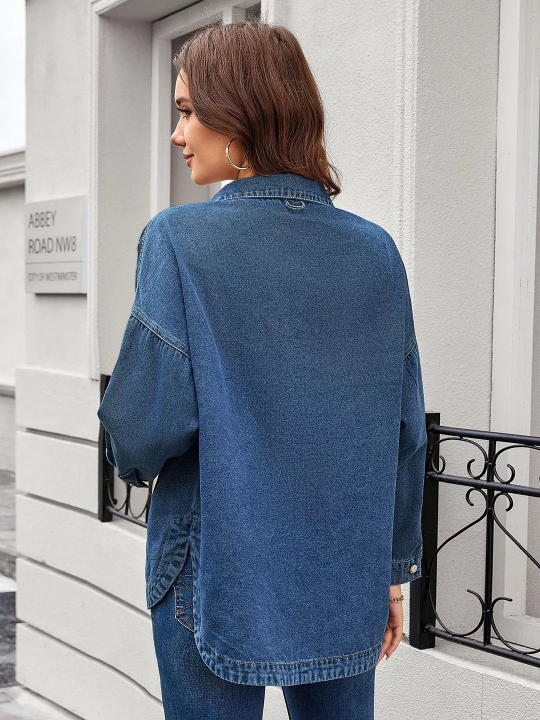 Vintage wash denim shirt jacket with flap pockets